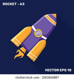 Raketengrafik, flache Gestaltungsrakete mit gelben und violetten Formen, geeignet für Kinderthemen.