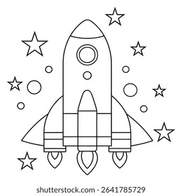 Cute rocket for kids coloring activities in a playful outer space themed illustration for learning