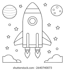 Cute rocket launch into space for kids coloring page with stars and planets in fun illustration