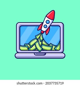 lanzamiento de cohetes lindo desde el portátil y gastar dinero en la ilustración vectorial de dibujos animados. icono financiero surgiendo del estilo plano de la laptop