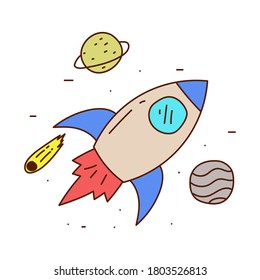 Cute rocket and planets hand drawn doodle vector illustration isolated on white background