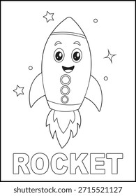 Cute Rocket Ship Coloring Page for Kids. Simple Space Printable for Toddler and Preschooler.  Cartoon Rocket Line Art Activity Sheet.

