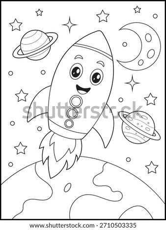 Cute Rocket Ship Flying Above Earth with Planets, Stars and Moon. Fun Space Adventure Kids Coloring Page. Printable Outer Space Line Art for Children’s Activities, Learning and Craft Projects