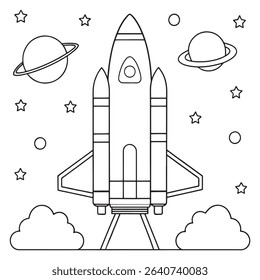Cute rocket ship flying in line art through space with planets in a cartoon style illustration