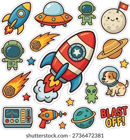 Cute Rocket Ship Vector Sticker. Retro cartoon spacecraft blasting off with fire and smoke isolated
