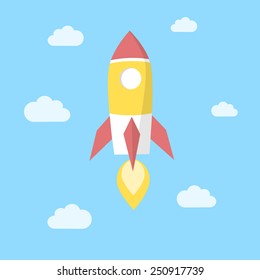 Cute rocket in the sky. Children's toy. Icon yellow and red rocket.