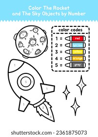 Cute Rocket And Space Color By Number Coloring Page For Children