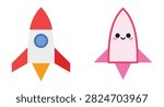 Cute Rocket Spaceship Icons Set Flat Vector Illustration in Red and Pink Kawaii Style