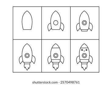 Cute rocket. Step by step drawing. Coloring page, coloring book page. Black and white vector illustration.