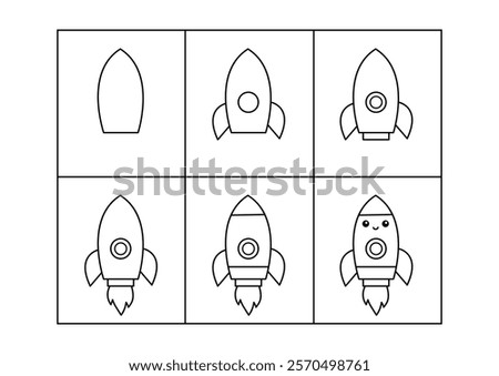 Cute rocket. Step by step drawing. Coloring page, coloring book page. Black and white vector illustration.