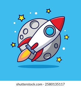 Cute Rocket Traveling to the Moon - Cartoon Vector Illustration