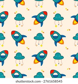 cute rockets and clouds on a cream background.