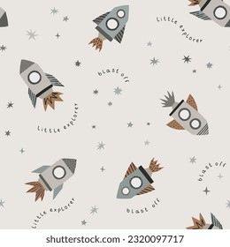 Cute rockets and stars. Hand drawn cosmos pattern. Little explorer space blast off. Perfect for kids fabric, textile, nursery wallpaper. Vector illustration.