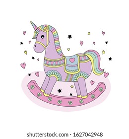Cute rocking horse coloring. Vector illustration. Hand drawn.