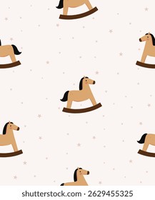 Cute Rocking Horse Wallpaper. Funny Simple Seamless Vector Pattern With Brown Toy Horses And Stars Isolated on a Beige Background. Lovely Hand Drawn Nursery Print Ideal for Fabric, Textile. RGB.