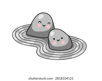 Cute Rocks. Zen Garden Stone Characters with Smiling Faces. Peaceful Decor for Japanese Rock Garden (Karesansui). Colorful Cartoon Vector Illustration. Isolated Design Element, Clipart Sticker.