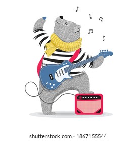 Cute Rockstar Bear Playing Guitar.Can Be Used For T-shirt Print, Kids Wear Fashion Design, Baby Shower Invitation Card.Animal Pattern.