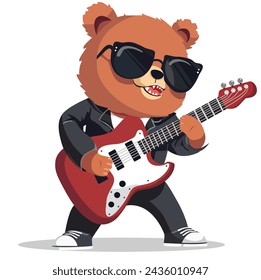 Lindo oso rockstar tocando guitarra, vector de ilustración