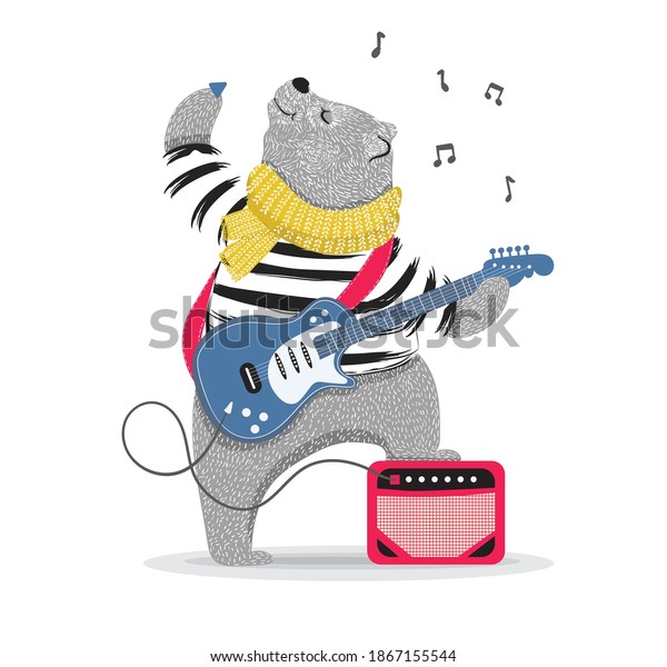 ギターを弾くかわいいロックスターベア Tシャツのプリントに使えるし 子どもはファッションデザイン ベビーシャワー招待状を着る 動物柄 のベクター画像素材 ロイヤリティフリー