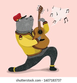 Cute rockstar bear playing guitar.Cartoon character for children. Scrapbooking,stickers,planner, Invitations.T-shirt graphics.Merry christmas lettering. Animal print pattern.