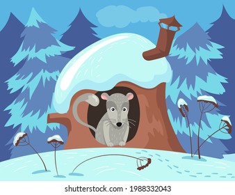 Un personaje de roedor lindo escondido en una casa de árboles en invierno. Animales grises en hueco en el tronco, bosque nevado, nieve en el techo caricatura ilustración vectorial. Animales, vida silvestre, invierno, temporadas, concepto de naturaleza