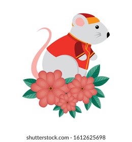 cute rodent rat with clothes chinese and flowers vector illustration design