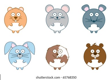 Cute rodents: hamster, mouse, rat, rabbit, guinea pig and beaver isolated on white background