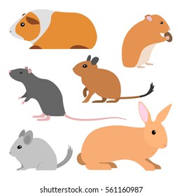 Cute Rodents, Vector Pet Isolated Small Domestic Animals Cartoon Style. Pet Cavy, Hamster, Rat, Degu, Chinchilla, Rabbit Illustration. Cartoon Rodent Pets. Animal Flat Design. Cartoon Animal Art.