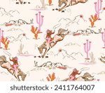 Cute Rodeo Cowgirl  seamless vector pattern. Howdy Cowboy boots, in desert  repeating background. Wild West surface pattern design for All fabric and Prints