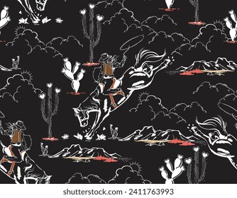 Cute Rodeo Cowgirl  seamless vector pattern. Howdy Cowboy boots, in desert  repeating background. Wild West surface pattern design for All fabric and Prints