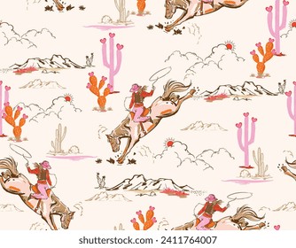 Cute Rodeo Cowgirl  seamless vector pattern. Howdy Cowboy boots, in desert  repeating background. Wild West surface pattern design for All fabric and Prints