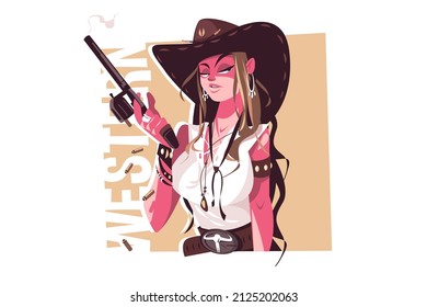 Cute rodeo girl in cowboy hat vector illustration. Dangerous woman with weapon flat style. Cowboy, wild wets, texas and retro style concept. Isolated on white background