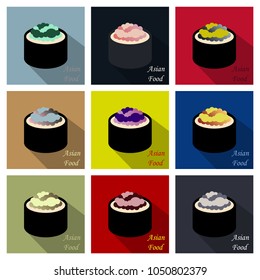 Cute roll character with caviar, Ikura Gunkan sushi cartoon vector Illustration