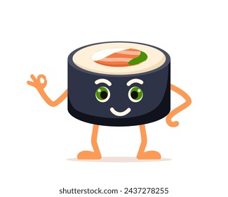 Cute roll character, sushi with funny face. Sushi mascot showing OK gesture. Vector Illustration
