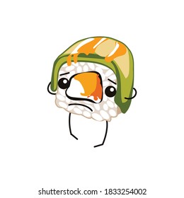 Cute roll with sad face expression. Sushi emoji character with funny face, arms and legs. Traditional Asian cuisine food in Kawaii style cartoon vector illustration isolated on white background