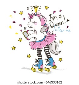 Cute roller skater unicorn with phone. Vector doodle graphic. Illustration for fashion design