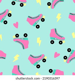 Cute roller skates seamless pattern. Retro roller skates, lightning and love. Cartoon 70s-80s style background. Trendy vector illustration