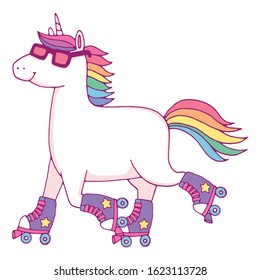 A cute rollerskating unicorn character with a rainbow mane. Vector illustration.