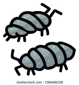 Cute rollie poly cartoon vector illustration motif set. Hand drawn garden woodlice blog icons. Isopod graphics. Creepy crawlie web buttons.