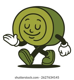 Mascote bonito do bolo matcha rolante com um rosto calmo e sorridente, retratado em uma pose ambulante, adequado para promoções de sobremesa, marca de café e mercadoria kawaii.