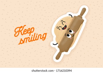 Cute rolling pin making bread dough in a funny way. Best friends forever sticker. Cooking home in quarantine. Happy workshop in cartoon style. Creative happy vector illustration for kids.