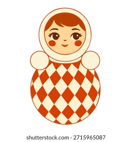 Linda muñeca de polietileno inspirada en el juguete popular ruso en estilo circo vintage. Ilustración vectorial plana con patrón de arlequín, paleta roja cálida y carácter amigable. Perfecto para diseños infantiles, decoración infantil, carteles retro, marca de juguetes y proyectos creativos festivos.