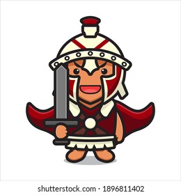 Cute roman knight character holding sword cartoon vector icon illustration. Design isolated on white. Flat cartoon style.