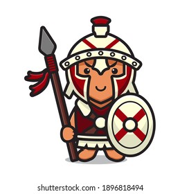 Cute roman knight mascot character holding spear and shield cartoon vector icon illustration. Design isolated on white. Flat cartoon style.