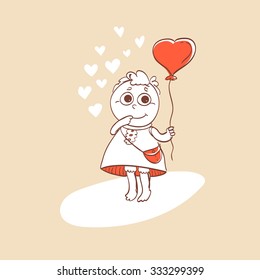 Cute romance card with balloon and character. Valentines vector illustration. Greeting card.