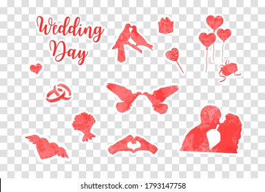 Cute romance love collection of design elements with cupid, heart, couple, cats, pigeons. Vector illustration. Happy Valentine's Day icon set