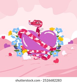 Serpiente rosada del romance lindo con el corazón y las flores en fondo rojo. Criatura mágica de San Valentín. Símbolo del año. Personaje de ilustración de dibujos animados de Vector de invierno