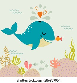 Cute romance whale and little goldfish in love. Vector image is cropped with Clipping Mask.