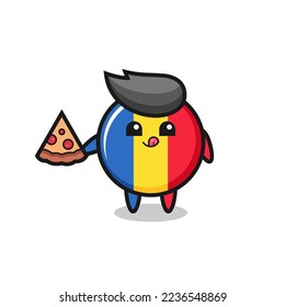 cute romania flag badge cartoon eating pizza , cute style design for t shirt, sticker, logo element