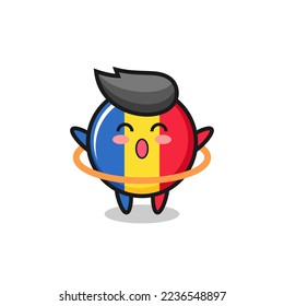 cute romania flag badge cartoon is playing hula hoop , cute style design for t shirt, sticker, logo element